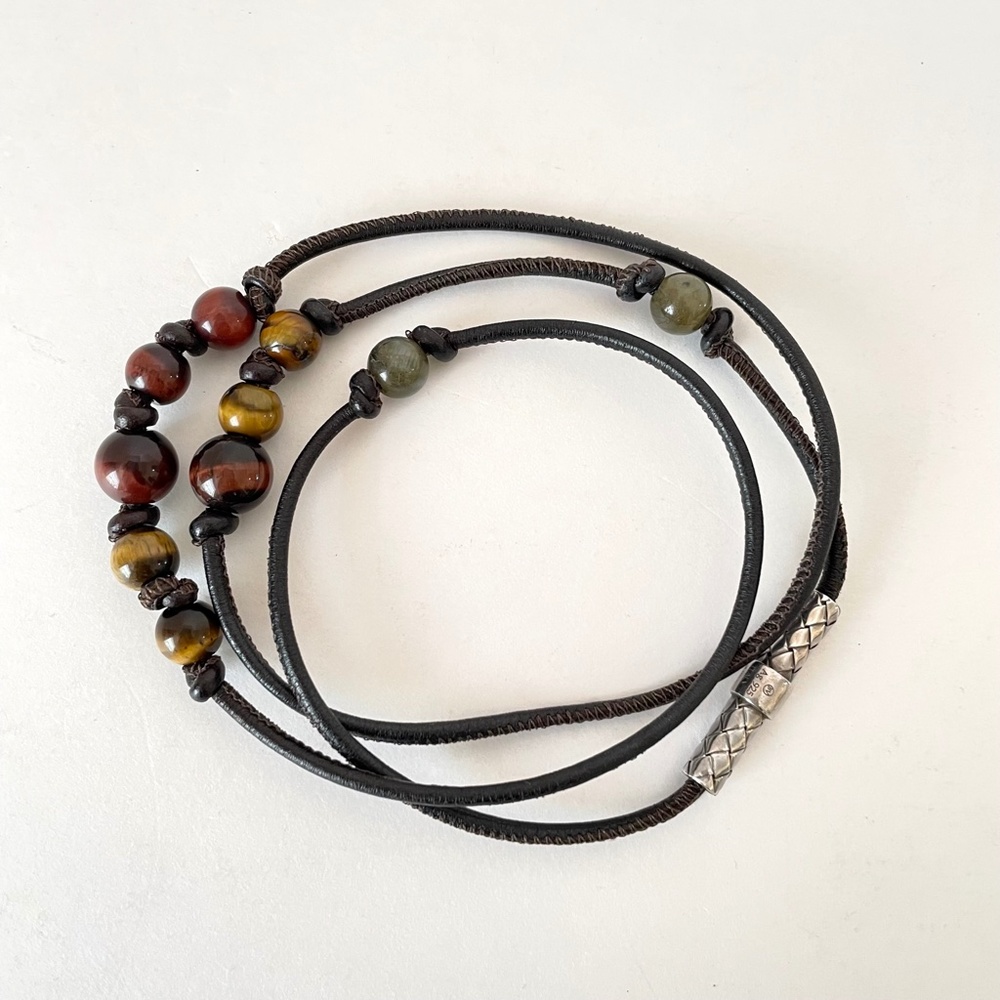 Bottega Veneta Leather/Sterling Silver /Beaded Necklace Unisex AG925